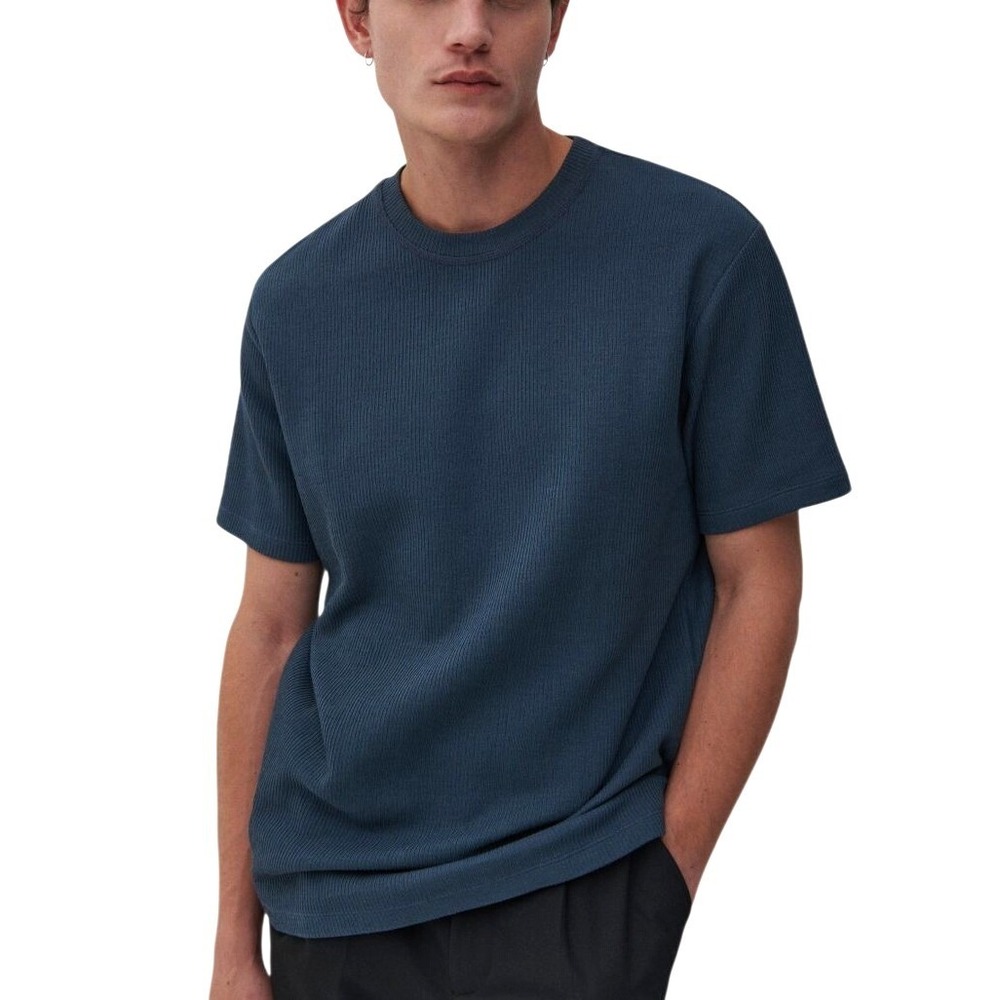 RESERVED‎ Mens Steel Blue Ribbed Knit Crew Neck Short Sleeve T Shirt Size L NWT